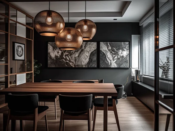 Eetkamer Het Appartement Met Moderne Inrichting Design Hanger Licht Mooie — Stockfoto