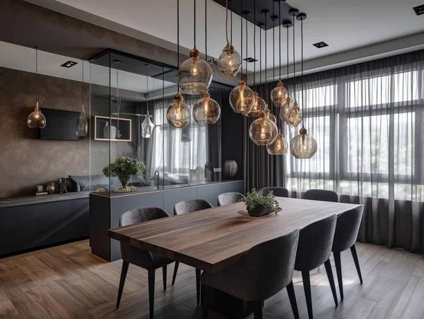 Modern dekorasyon ve tasarımı olan dairede yemek odası. Kolye ışığı ve güzel duvar süslemeleri. Orta büyüklükteki boşluk ve iç aydınlatmaya büyük pencereler yardımcı olur.