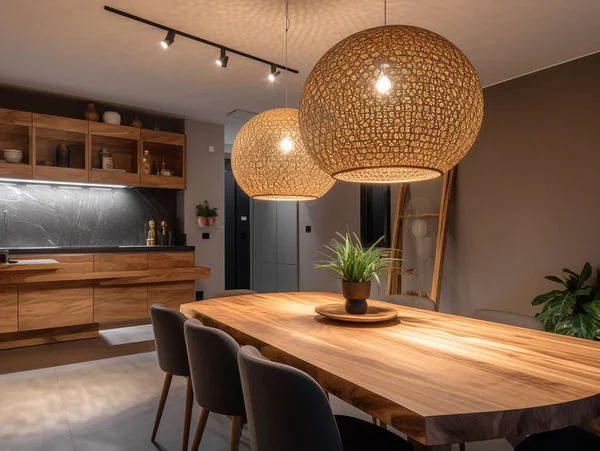 Sala Jantar Apartamento Com Decoração Moderna Design Luz Pingente Belas — Fotografia de Stock