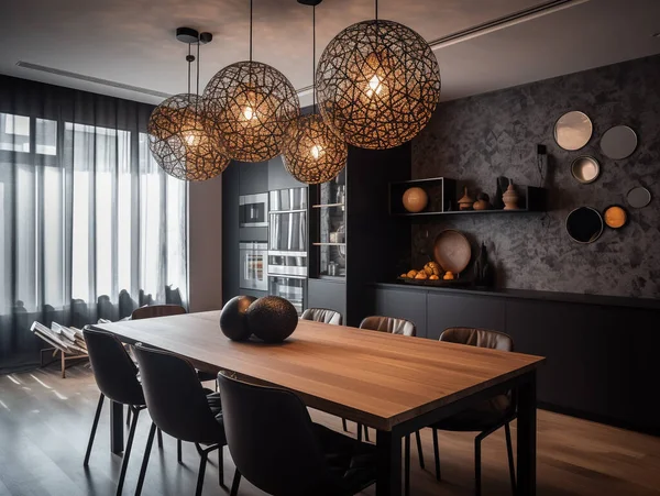 Ebédlő Lakásban Modern Dekorációval Dizájnnal Függő Fény Gyönyörű Jellegét Meghatározza — Stock Fotó