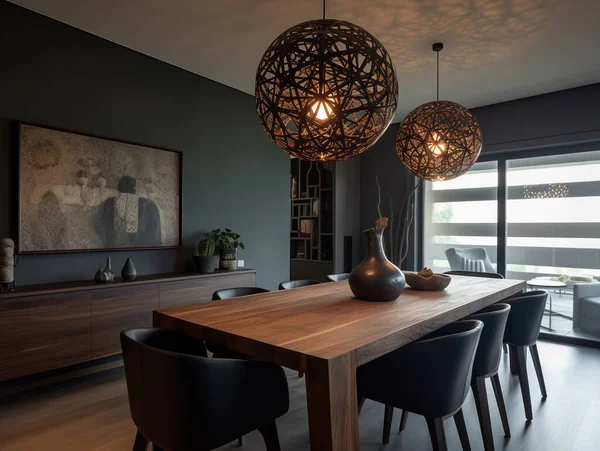 Sala Jantar Apartamento Com Decoração Moderna Design Luz Pingente Belas — Fotografia de Stock