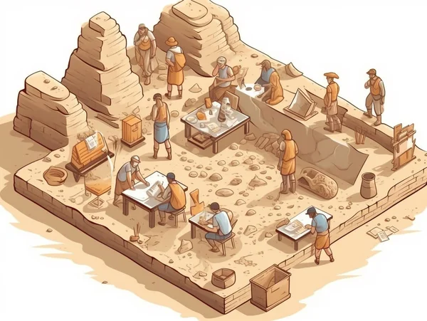 Isometrisk Illustration Flera Arkeologer Som Utför Utgrävningar Arkeologisk Plats Olika — Stockfoto