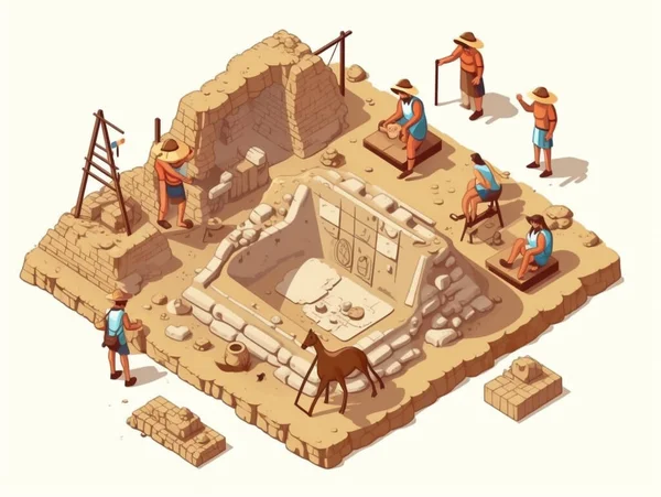 Ilustración Isométrica Varios Arqueólogos Que Realizan Trabajos Excavación Sitio Arqueológico — Foto de Stock