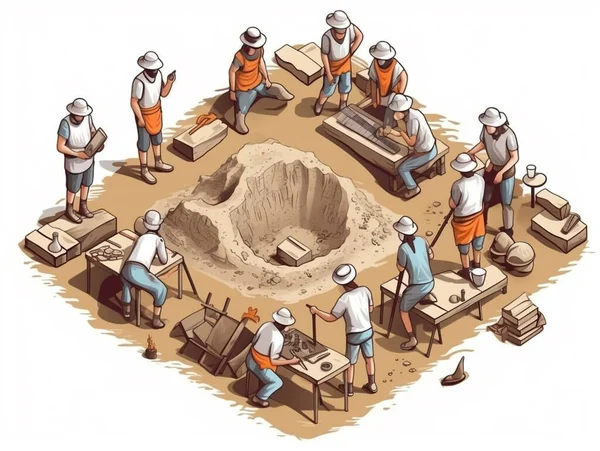 Ilustracja Izometryczna Kilku Archeologów Wykonujących Prace Wykopaliskowe Stanowisku Archeologicznym Prowadzone — Zdjęcie stockowe