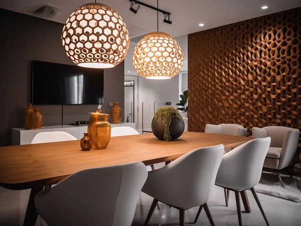 Ruang Makan Apartemen Dengan Dekorasi Dan Desain Modern Pendant Cahaya Stok Gambar Bebas Royalti