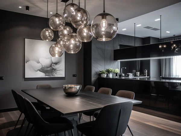 Ruang Makan Apartemen Dengan Dekorasi Dan Desain Modern Pendant Cahaya Stok Lukisan  
