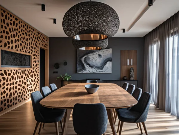 Ruang Makan Apartemen Dengan Dekorasi Dan Desain Modern Pendant Cahaya Stok Foto