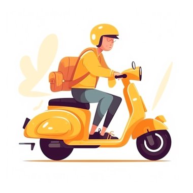 Sarı üniformalı ve sarı motosikletli bir kuryenin düz 2D çizimi. Teslim edilen eşyalar güvenli konteynırlara ve çantalara konur..