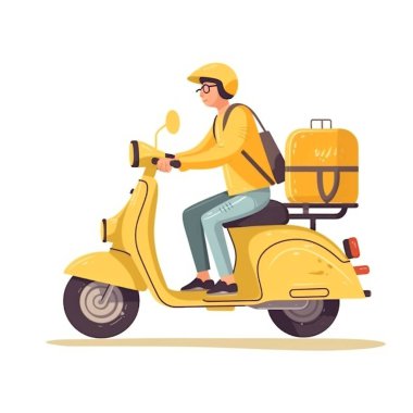 Sarı üniformalı ve sarı motosikletli bir kuryenin düz 2D çizimi. Teslim edilen eşyalar güvenli konteynırlara ve çantalara konur..