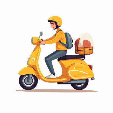 Sarı üniformalı ve sarı motosikletli bir kuryenin düz 2D çizimi. Teslim edilen eşyalar güvenli konteynırlara ve çantalara konur..