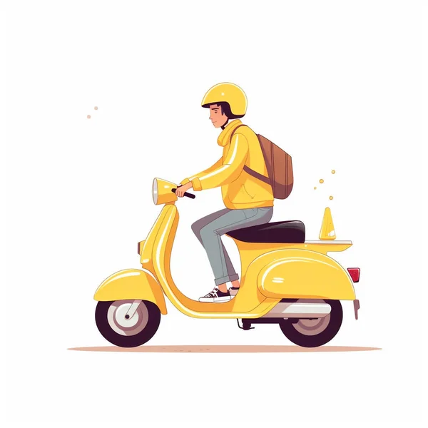 Плоская Иллюстрация Курьера Жёлтой Униформе Жёлтом Мотоцикле Поставляемые Товары Помещаются — стоковое фото