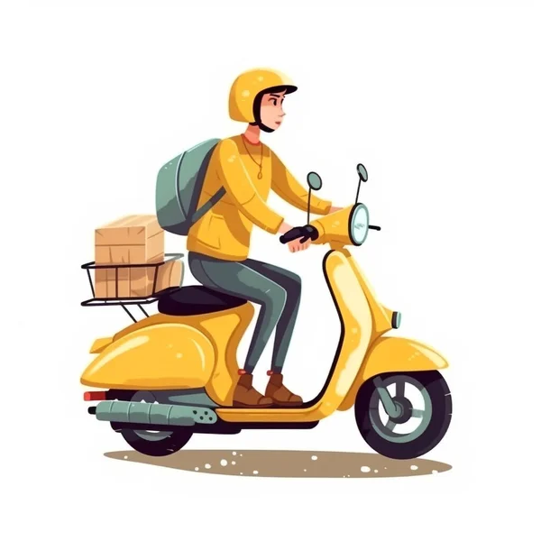 平面2D图上的信使身穿黄色制服 骑着一辆黄色摩托车 交付的物品放在安全的容器和袋子中 — 图库照片