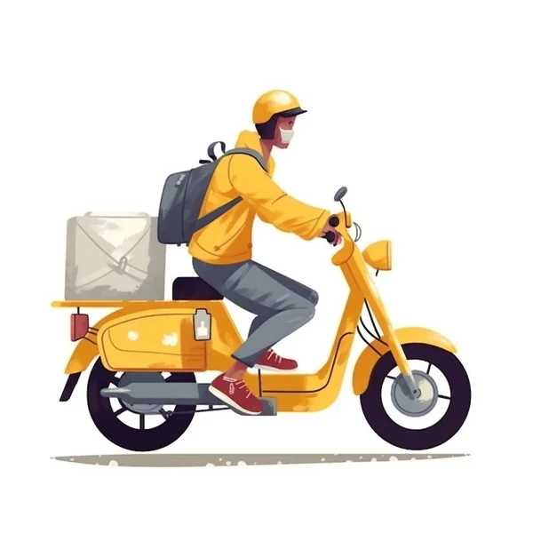 노란색 유니폼을 노란색 오토바이를 택배의 그림입니다 용기와 가방에 — 스톡 사진