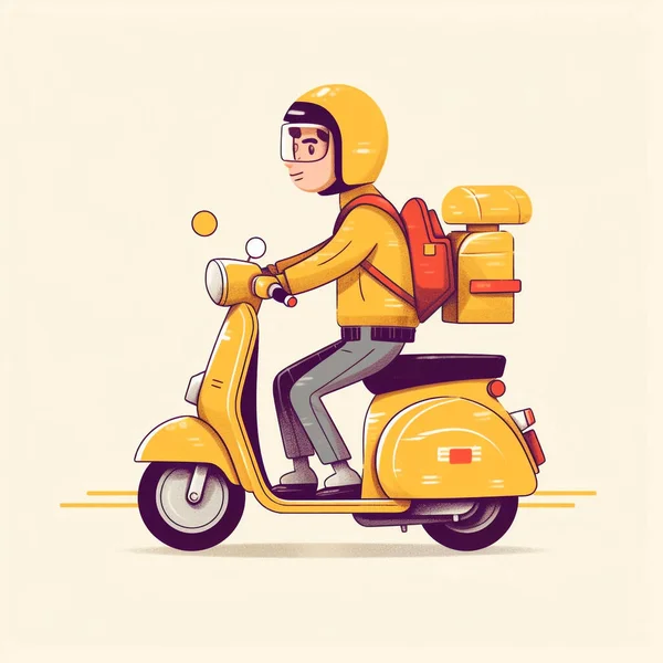 Płaska Ilustracja Kuriera Noszącego Żółty Mundur Jadącego Żółtym Motocyklem Dostarczane — Zdjęcie stockowe
