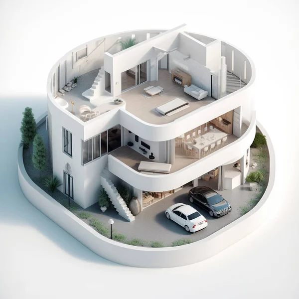 Isometric illustration of a bunglow house based on Arabic and Greece architecture. Flat roof and lots of open space. Decorated with an interesting interior and landscape.