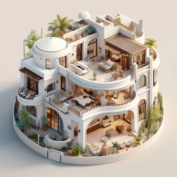 Izometrická Ilustrace Bunglowského Domu Podle Arabské Řecké Architektury Plochá Střecha — Stock fotografie