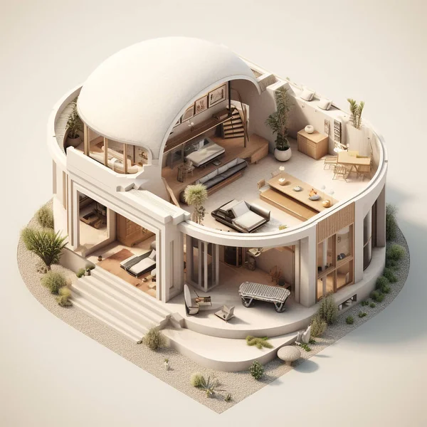 Izometrická Ilustrace Bunglowského Domu Podle Arabské Řecké Architektury Plochá Střecha — Stock fotografie