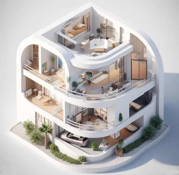 Isometrische Darstellung Eines Bungalowhauses Nach Arabischer Und Griechischer Architektur Flachdach — Stockfoto