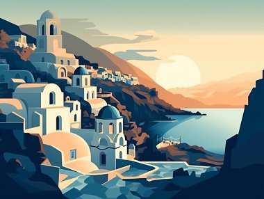 Resim manzaralı güzel Santorini. Gün batımındaki manzara. Santorini bir turizm merkezi olarak çok popüler..