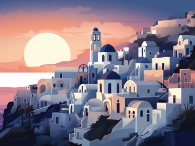 Resim manzaralı güzel Santorini. Gün batımındaki manzara. Santorini bir turizm merkezi olarak çok popüler..