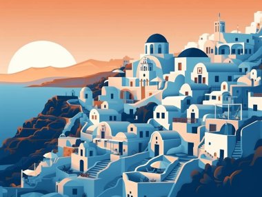 Resim manzaralı güzel Santorini. Gün batımındaki manzara. Santorini bir turizm merkezi olarak çok popüler..