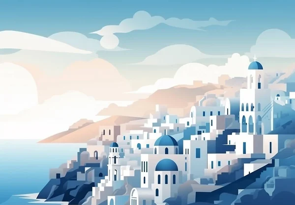 stock image Beautiful Santorini in illustration view. The view at sunset. Santorini is very popular as a tourist destination.