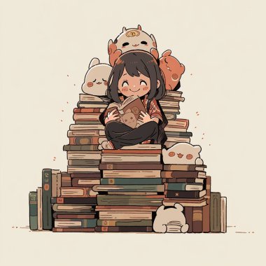 Büyük bir kitap yığınının içinde mutlu ve heyecanlı görünen bir çocuğun karikatür çizimi. Boş arkaplanda izole edilmiş 2B düz grafik çizimi.   