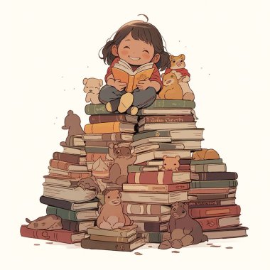 Büyük bir kitap yığınının içinde mutlu ve heyecanlı görünen bir çocuğun karikatür çizimi. Boş arkaplanda izole edilmiş 2B düz grafik çizimi.   