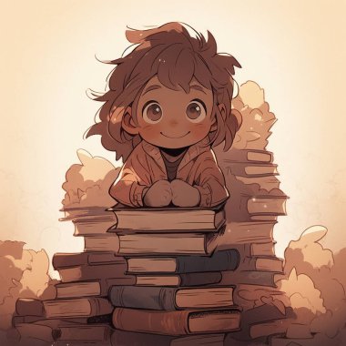 Büyük bir kitap yığınının içinde mutlu ve heyecanlı görünen bir çocuğun karikatür çizimi. Boş arkaplanda izole edilmiş 2B düz grafik çizimi.   