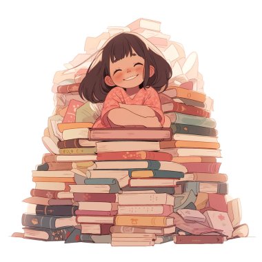 Büyük bir kitap yığınının içinde mutlu ve heyecanlı görünen bir çocuğun karikatür çizimi. Boş arkaplanda izole edilmiş 2B düz grafik çizimi.   