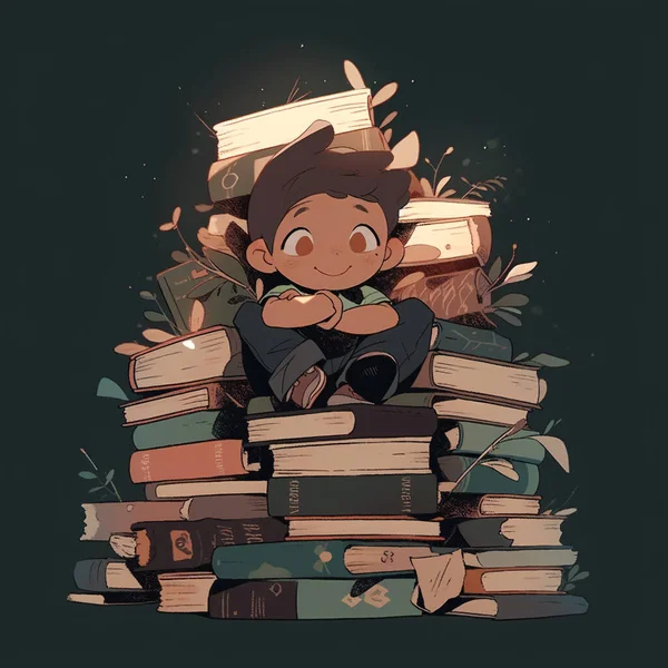 A cartoon illustration of a child sitting in a big pile of books, looking happy and excited. 2D flat graphic illustration, isolated on blank background.