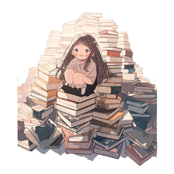 Карикатурная Иллюстрация Ребенка Сидящего Большой Куче Книг Выглядящего Счастливым Взволнованным — стоковое фото