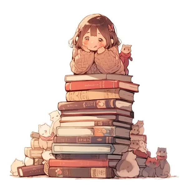 Eine Cartoon Illustration Eines Kindes Das Einem Großen Stapel Bücher — Stockfoto