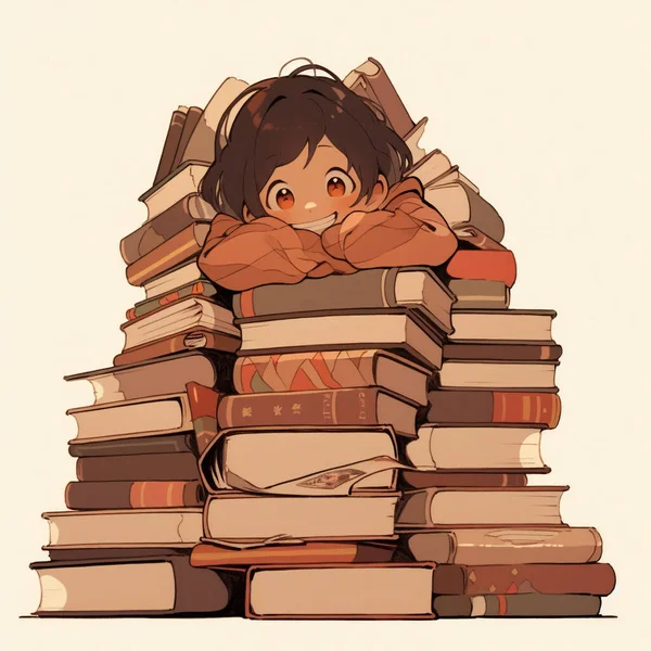 Una Ilustración Dibujos Animados Niño Sentado Una Gran Pila Libros — Foto de Stock