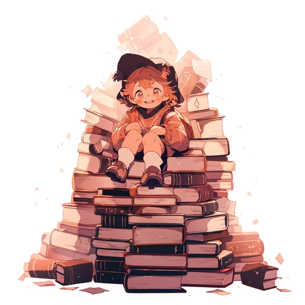 Карикатурная Иллюстрация Ребенка Сидящего Большой Куче Книг Выглядящего Счастливым Взволнованным Стоковое Изображение