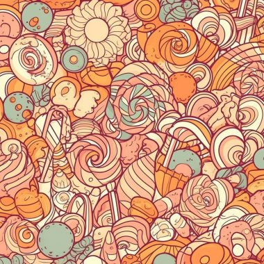 Şekerleme kalıpları rastgele düzenlenir ve farklı tiplerle karıştırılır. Çeşitli renkte ve şekillerde şekerler. Resimler yumuşak ve pastel renkler kullanıyor..