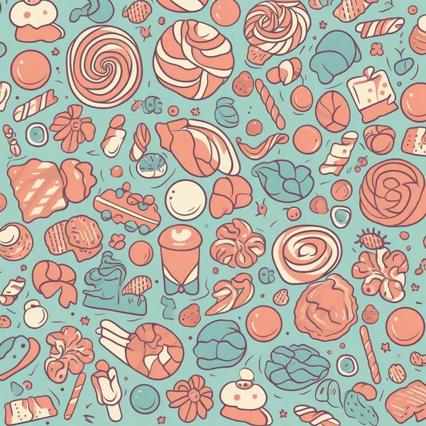 Illustration of candy patterns that are randomly arranged and mixed with different types. Candy in various colors and shapes. The illustrations use soft and pastel colors.
