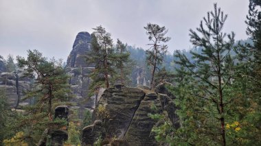 Çek Cumhuriyeti 'nin Adrpach-Tepe Kayalıkları' ndaki yürüyüş rotasından yükselen kumtaşı kaya oluşumlarının manzarası