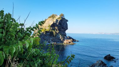 Akdeniz 'in sakin, berrak turkuaz sularında güneşli bir günde yeşil bitki örtüsü olan küçük kayalık bir ada.