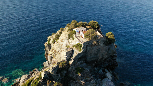 An aerial view of the Chapel of St. John (Ioannis), also known as Mamma Mia Chapel, on Skopelos Island
