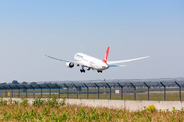 Boryspil, Ukraine - August 5, 2020: Airplane Boeing 787 Dreamliner of Turkish Airlines is taking-off from Boryspil International Airport