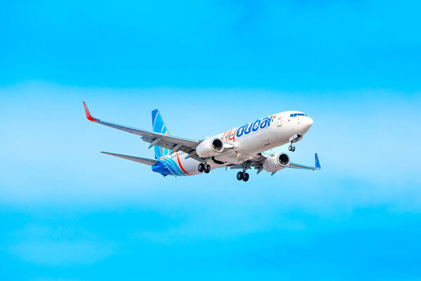 Boryspil, Ukraine - February 10, 2020: Airplane Boeing 737-800 (A6-FER) of Flydubai is landing in Boryspil International Airport