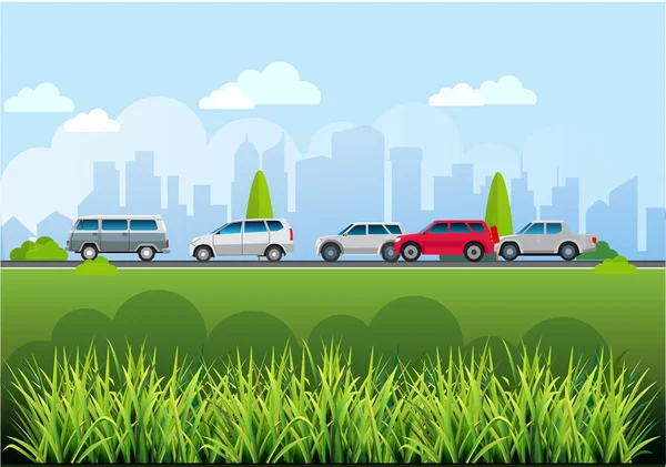 Vektor Ilustrasi Lalu Lintas Mobil Suasana Jalan Raya Dengan Rumput - Stok Vektor
