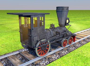 3D görüntüleme, antik buharlı tren lokomotifi.