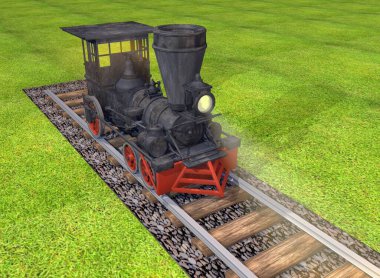 3D görüntüleme, antik buharlı tren lokomotifi.