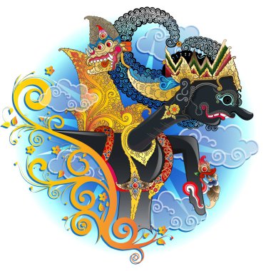 Çiçek dekorasyon elemanları ile Gatutkaca wayang karakterinin vektör illüstrasyonu, Modifikasyonu.