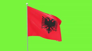 Arnavutluk Cumhuriyeti bayrağı yeşil bir perde arkasında rüzgarda dalgalanıyor.