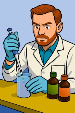 Laboratuvar karikatür vektör çizimi grafiksel tasarımı ile bilim adamı