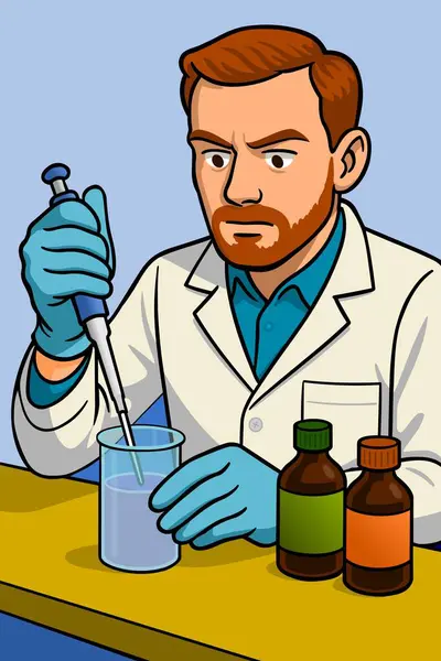 Laboratuvar karikatür vektör çizimi grafiksel tasarımı ile bilim adamı