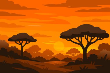 Afrika savanasının üzerinde ağaçlarla gün batımı